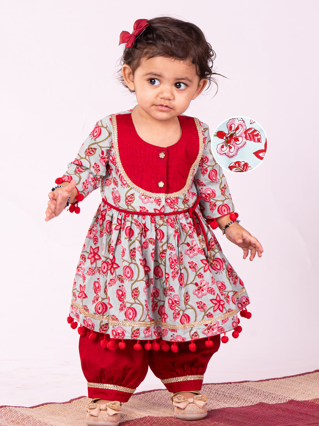 VASTRAMAY Girls' Aqua Base Red Kurta And Pant Set - qivii