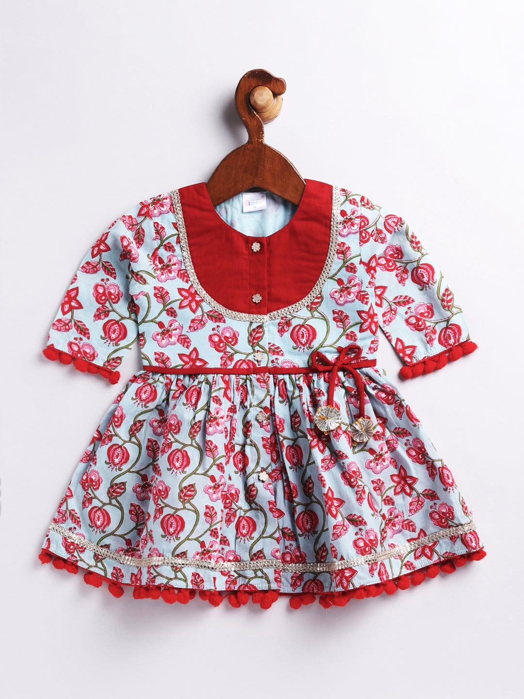 VASTRAMAY Girls' Aqua Base Red Kurta And Pant Set - qivii