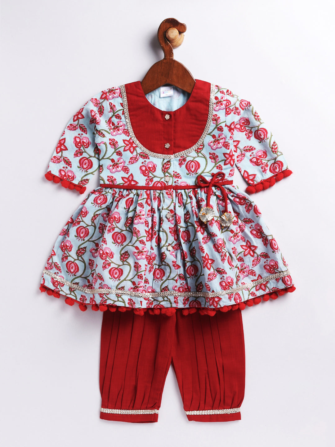 VASTRAMAY Girls' Aqua Base Red Kurta And Pant Set - qivii
