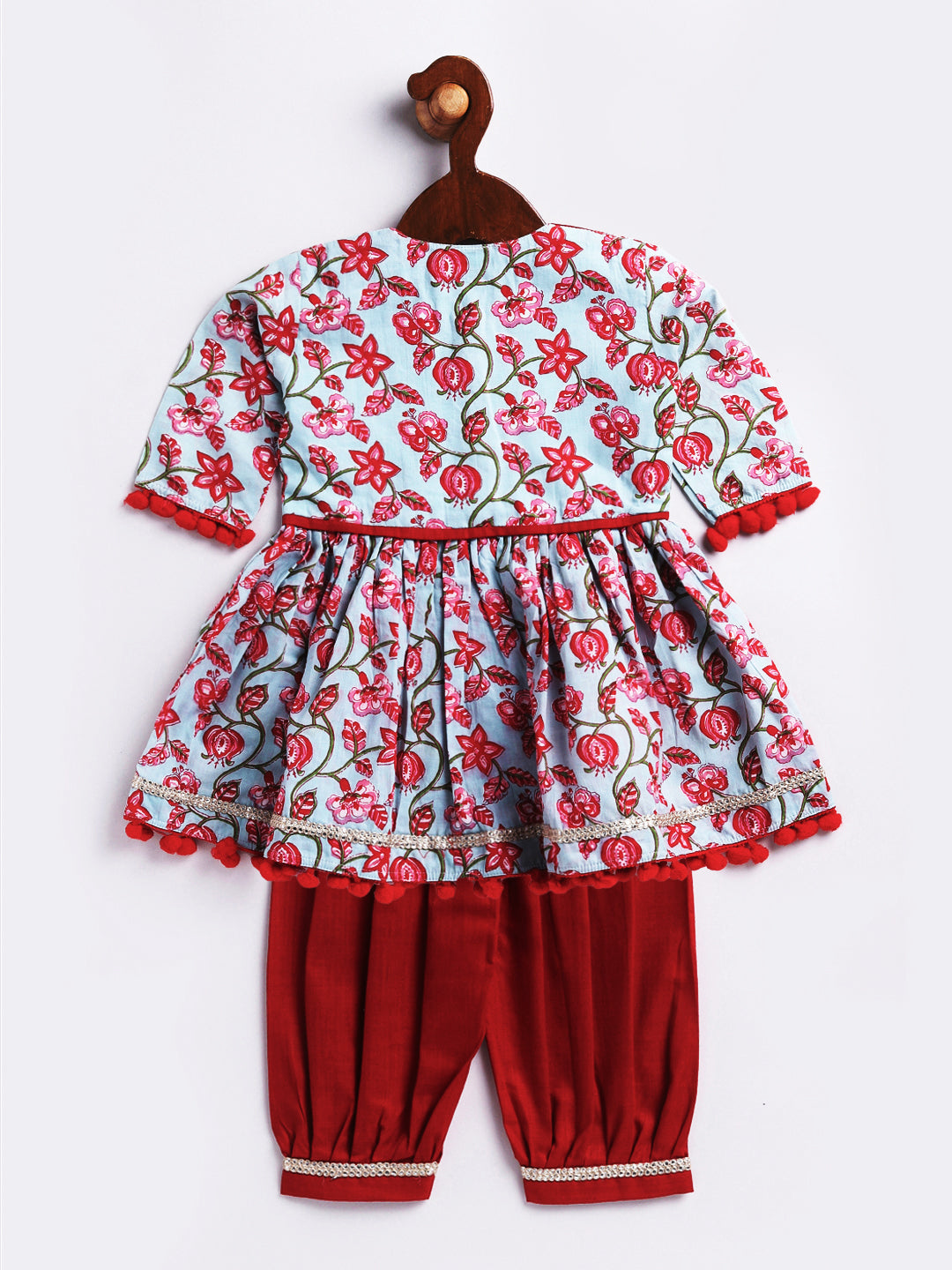 VASTRAMAY Girls' Aqua Base Red Kurta And Pant Set - qivii