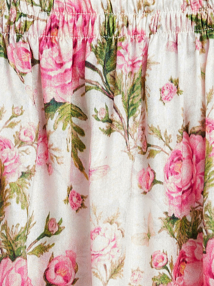 VASTRAMAY SISHU Girl's Pink Printed Skirt And Ruffle Sleeves Crop Top Set - qivii