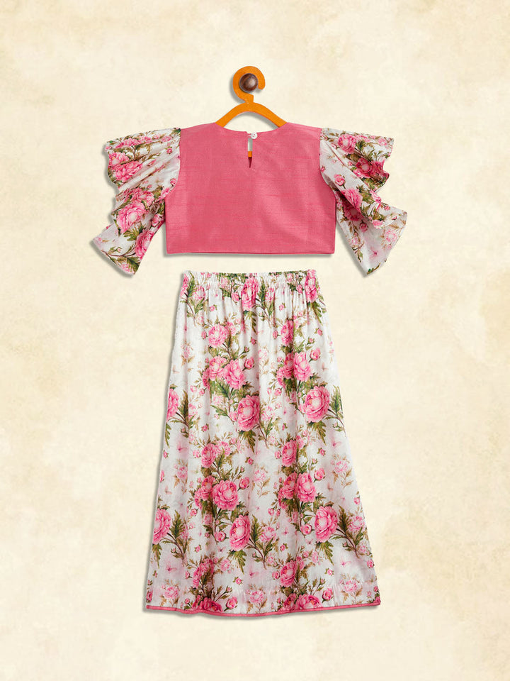 VASTRAMAY SISHU Girl's Pink Printed Skirt And Ruffle Sleeves Crop Top Set - qivii