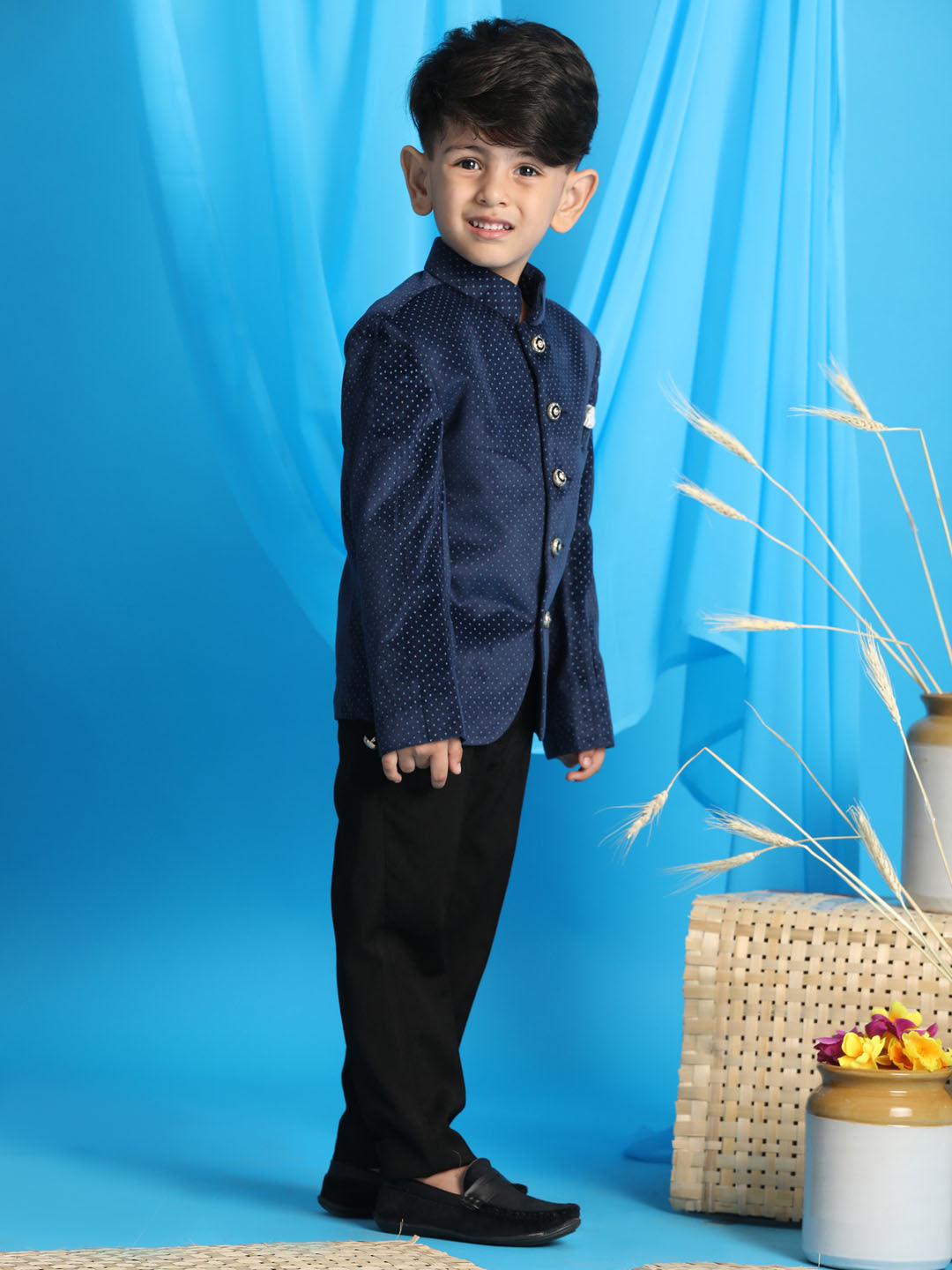 VASTRAMAY Boy's Blue  Polka Dot Printed Jodhpuri - qivii