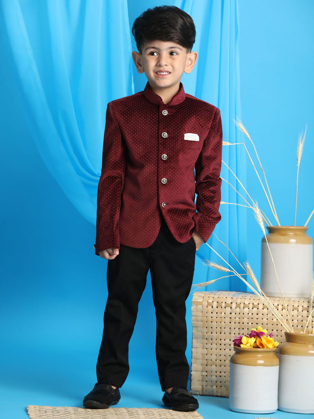 VASTRAMAY Boy's Maroon Polka Dot Printed Jodhpuri - qivii