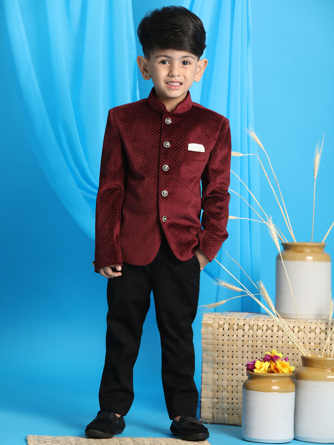 VASTRAMAY Boy's Maroon Polka Dot Printed Jodhpuri - qivii