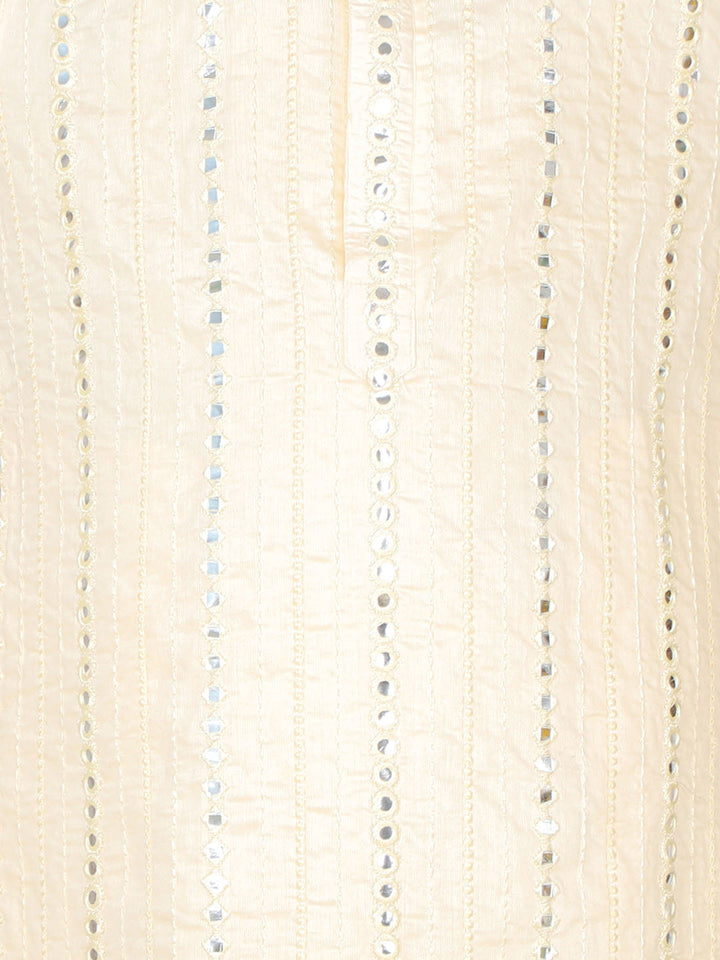 VASTRAMAY Boys Cream Embroidered Vertical Mirror Work Kurta With Pyjama Set - qivii