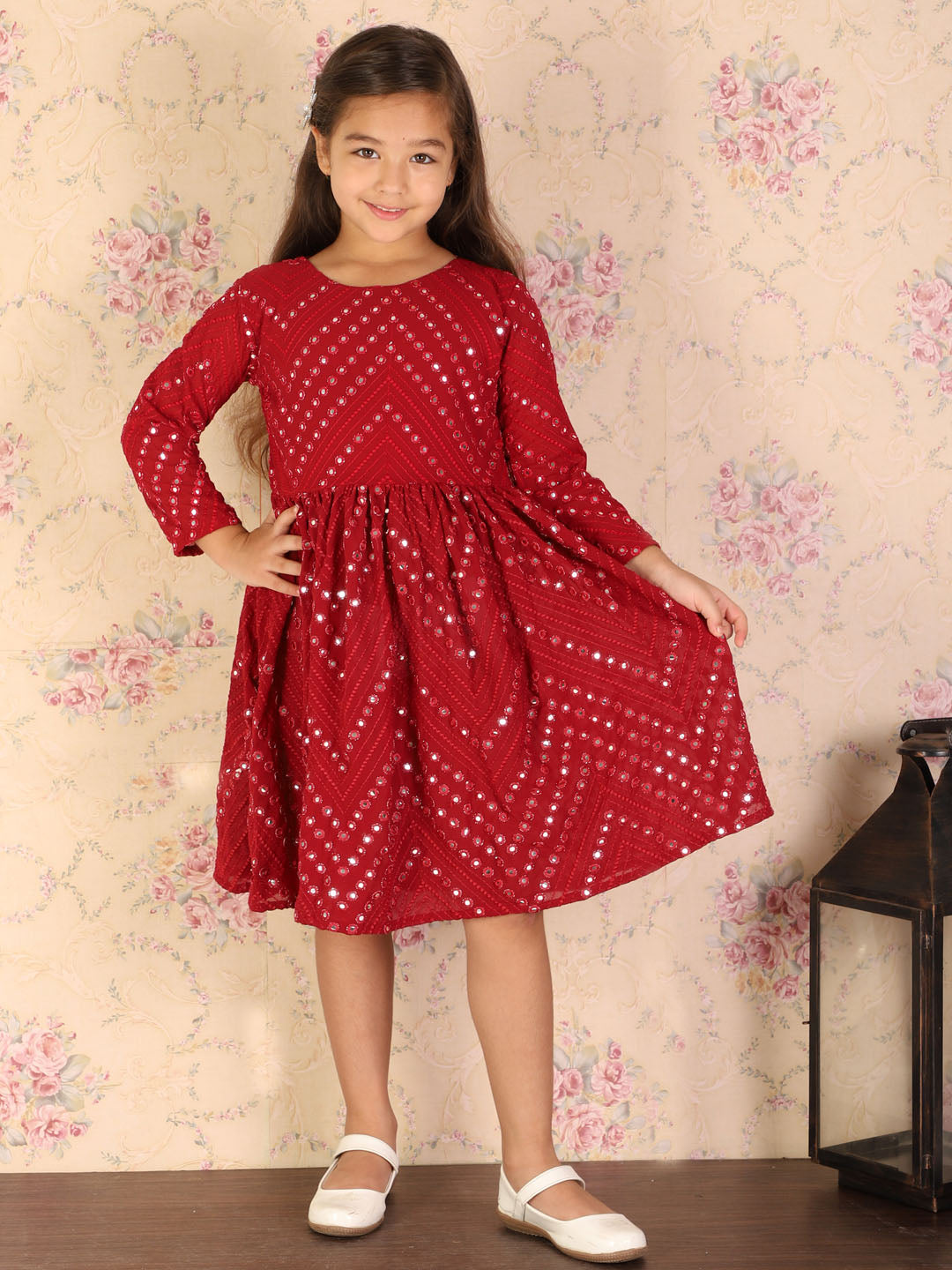 VASTRAMAY Girl's Maroon Mirror Kurta - qivii