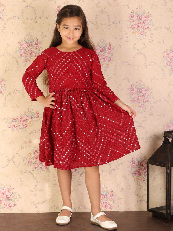 VASTRAMAY Girl's Maroon Mirror Kurta - qivii