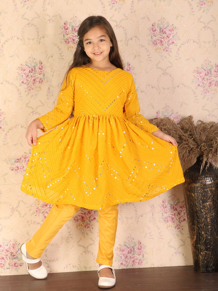 VASTRAMAY Girl's Yellow Mirror Kurta Pyjama Set - qivii