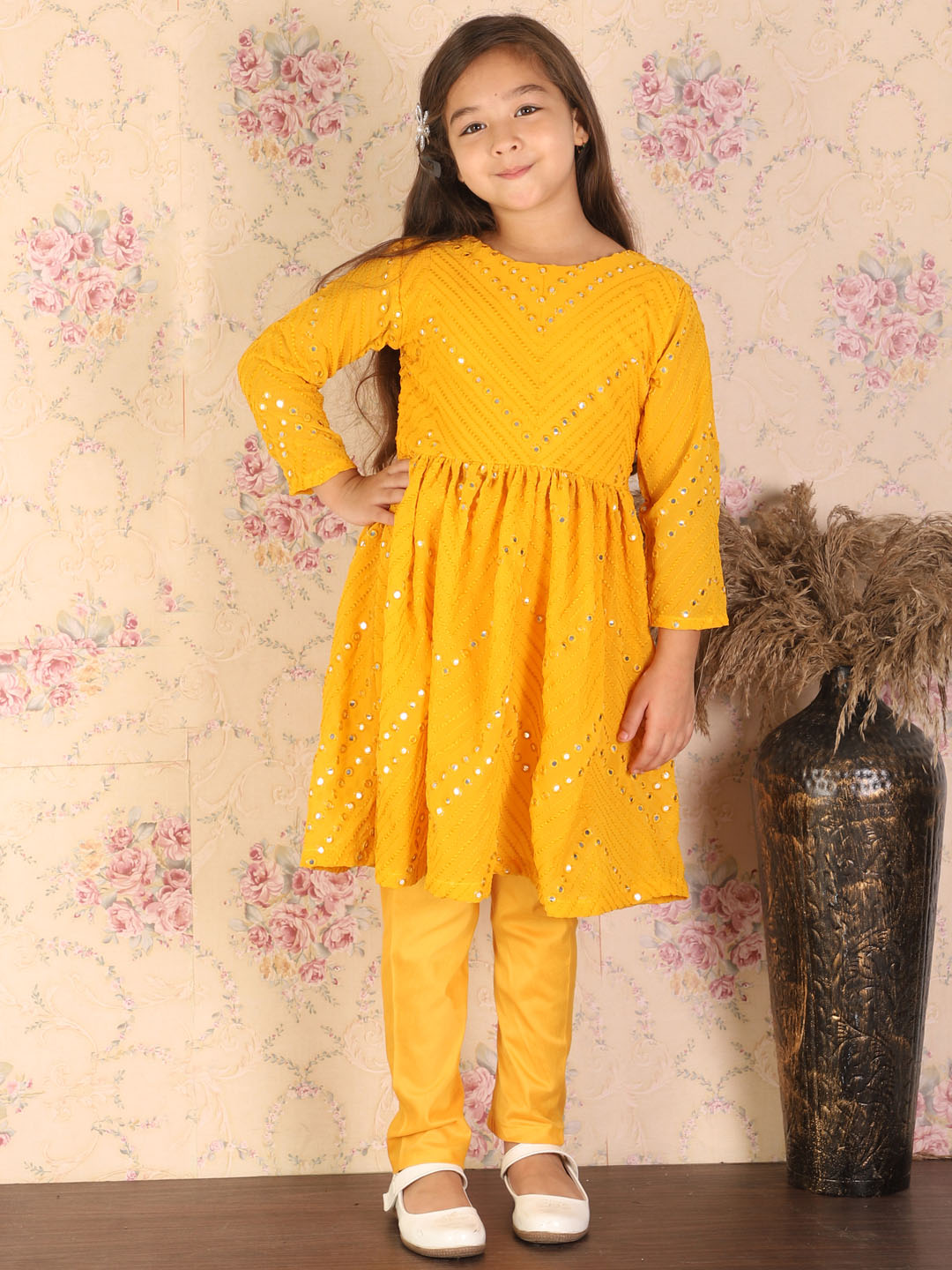 VASTRAMAY Girl's Yellow Mirror Kurta Pyjama Set - qivii