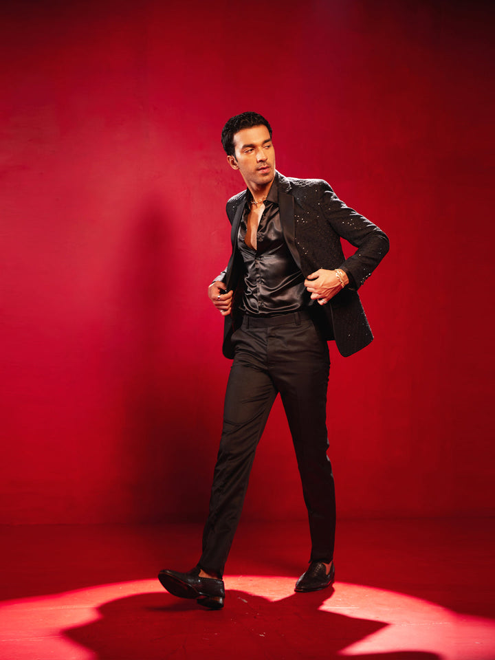 Men's Black Georgette Embroidered Blazer
