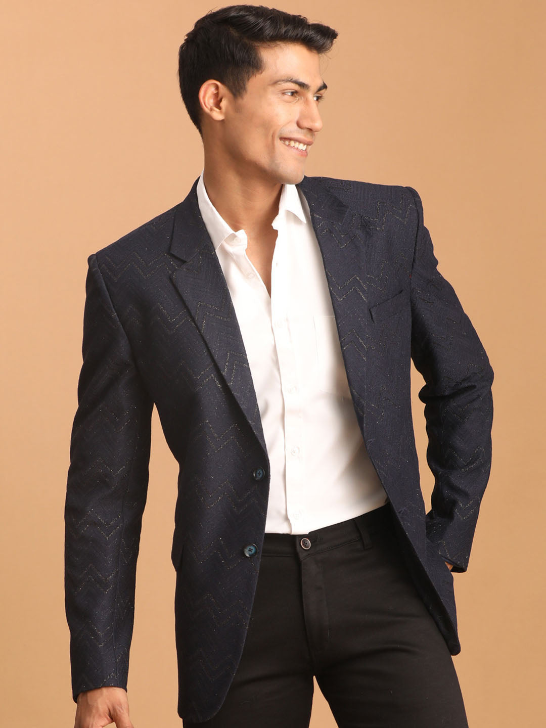 Men's Navy Blue Zig Zag Glitter Silk Blend Blazer