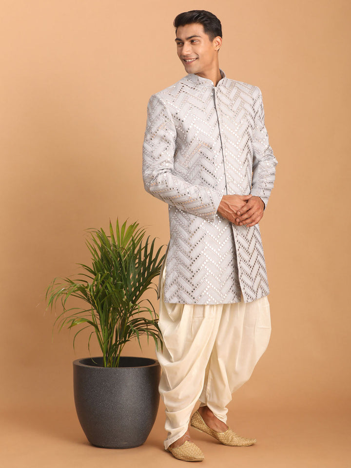 Men's Aqua Blue Mirror Indo Western Sherwani With Dhoti Set