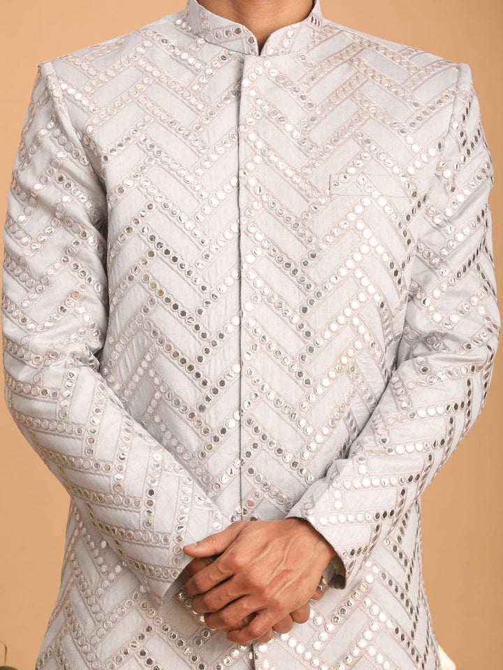 Men's Aqua Blue Mirror Indo Western Sherwani With Dhoti Set