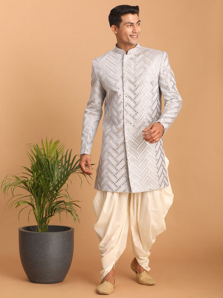 Men's Aqua Blue Mirror Indo Western Sherwani With Dhoti Set