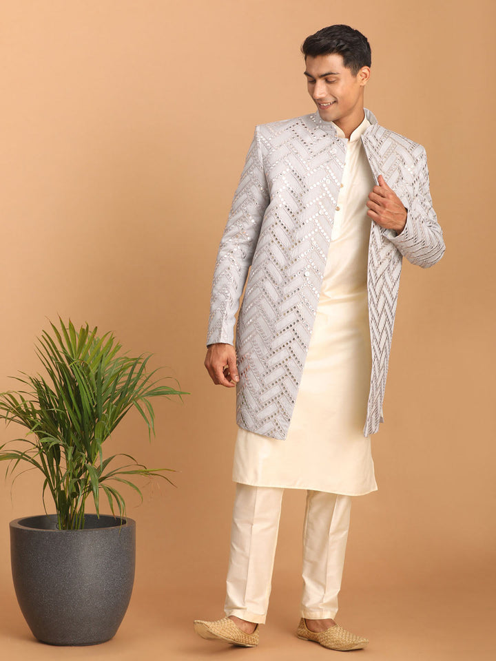Men's Aqua Blue Mirror Indo Western Sherwani With Kurta Pyjama Set