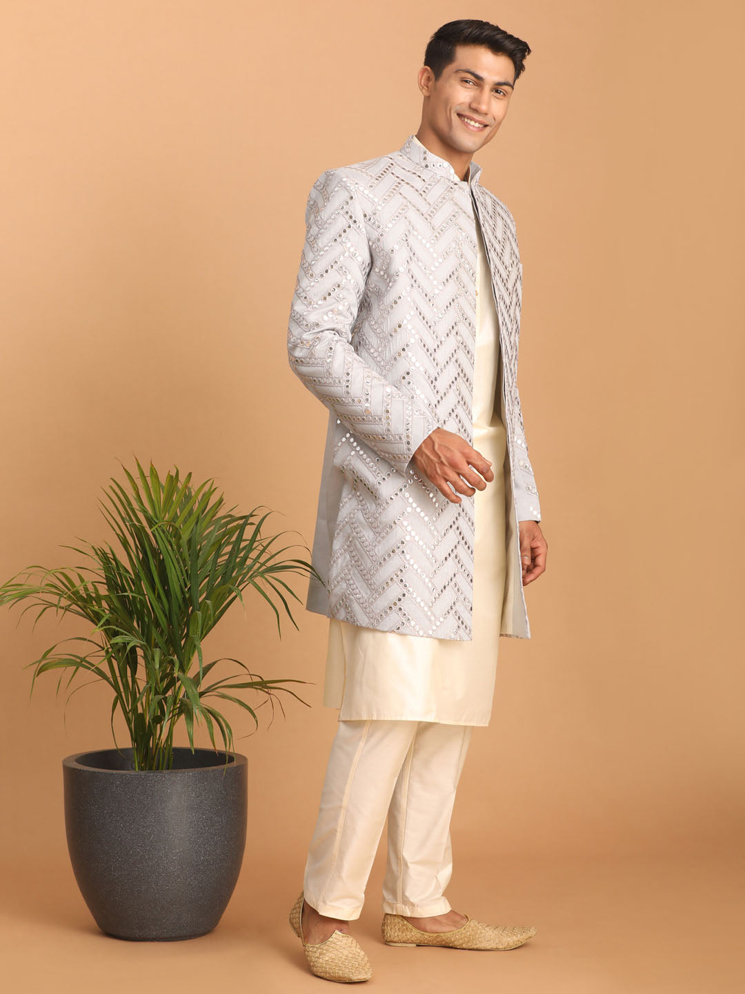 Men's Aqua Blue Mirror Indo Western Sherwani With Kurta Pyjama Set