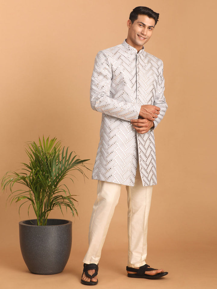 Men's Aqua Blue Mirror Indo Western Sherwani With Pant Set
