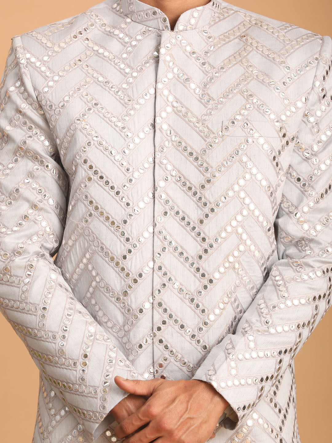 Men's Aqua Blue Mirror Indo Western Sherwani With Pant Set