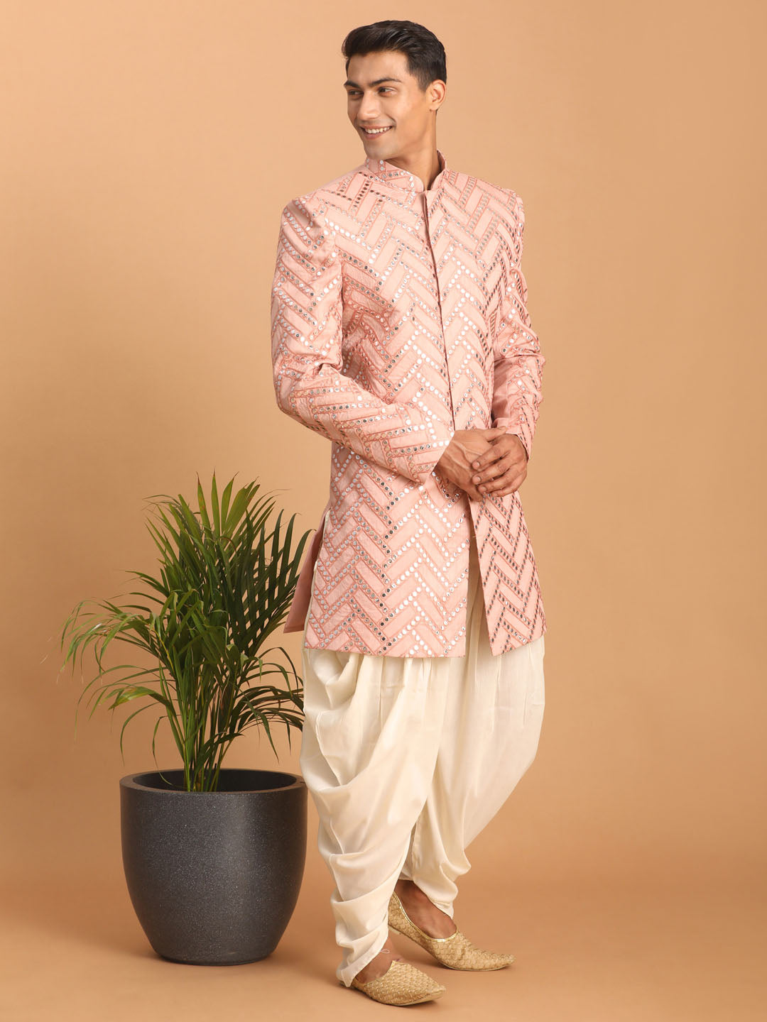 Men's Pink Mirror Indo Western Sherwani With Dhoti Set