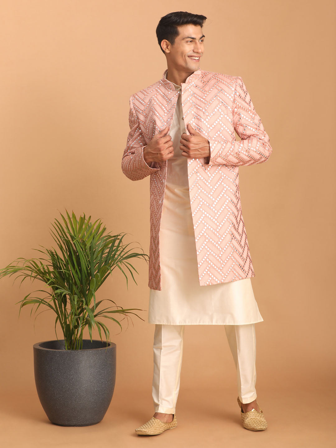 Men's Pink Mirror Indo Western Sherwani With Kurta Pyjama Set