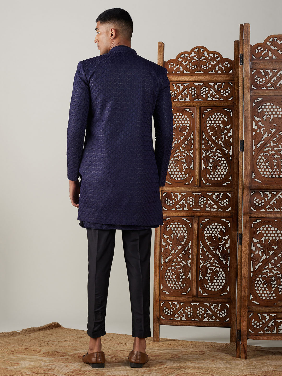 Men's Navy Blue Jacquard Indo With Kurta Pant Set
