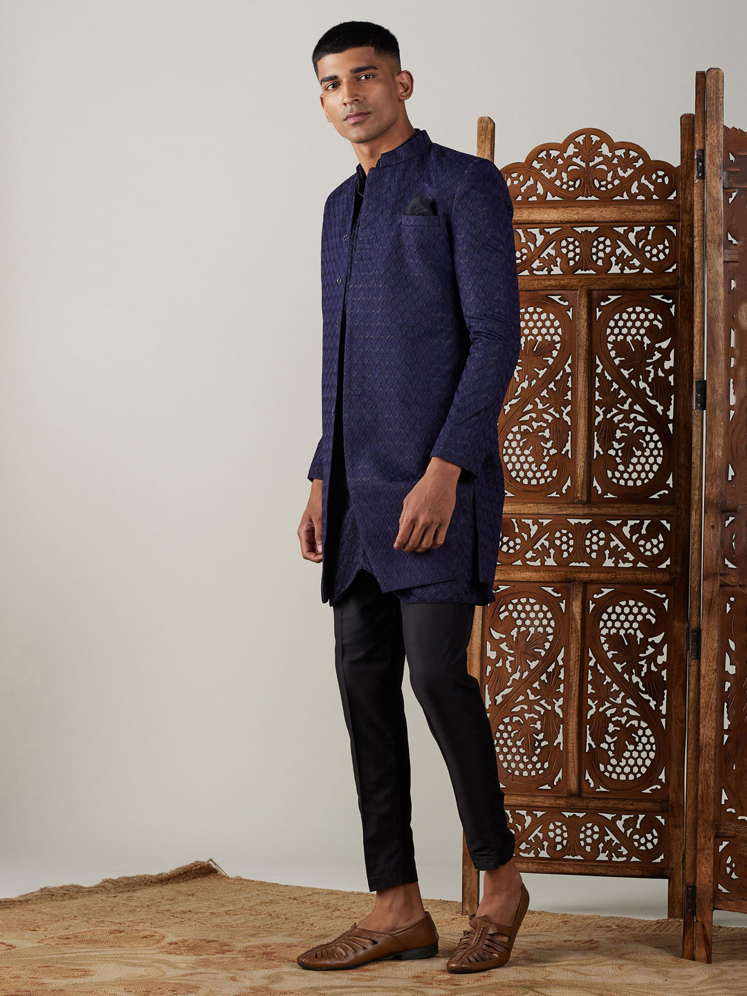 Men's Navy Blue Jacquard Indo With Kurta Pant Set