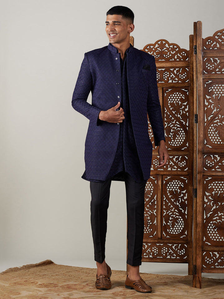 Men's Navy Blue Jacquard Indo With Kurta Pant Set