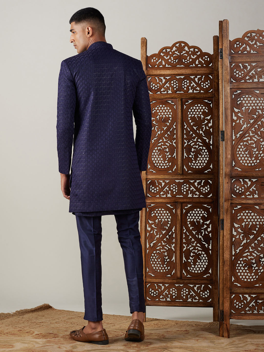 Men's Navy Blue Jacquard Sherwani With Kurta Pant Set
