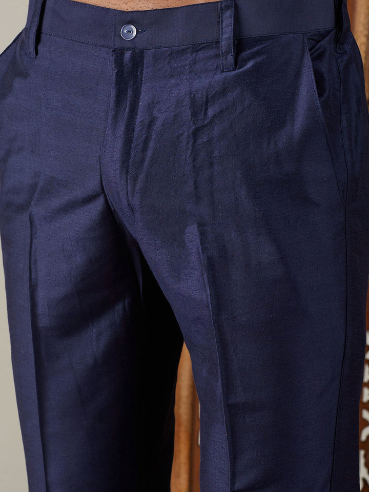 Men's Navy Blue Jacquard Sherwani With Kurta Pant Set