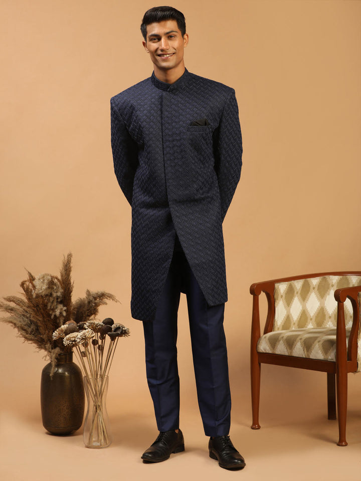 Men's Navy Blue Jacquard Sherwani Set