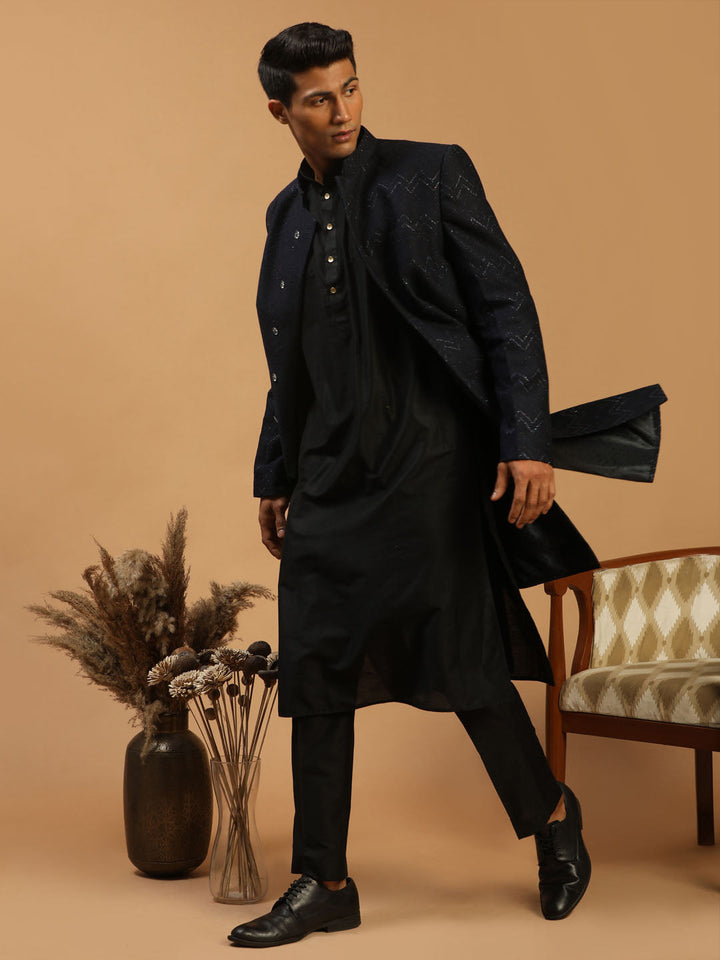 Men's Black Glitter Indo Sherwani With Kurta Pant Set
