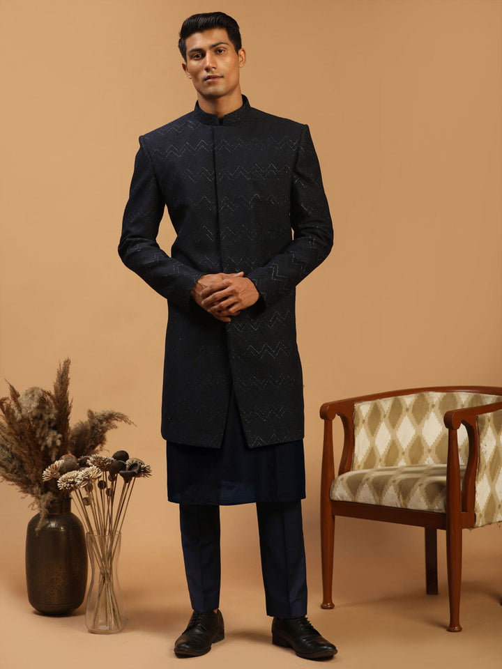 Men's Navy Blue Glitter Indo Western Sherwani With Kurta Pant Set