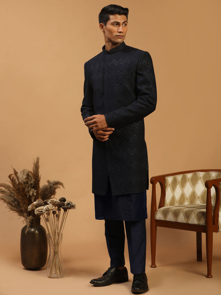 Men's Navy Blue Glitter Indo Western Sherwani With Kurta Pant Set