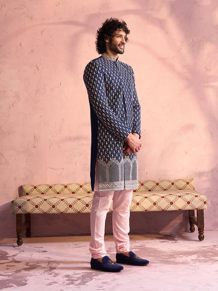 Men's Navy Blue And Pink Georgette Sherwani With Kurta Pyjama Set