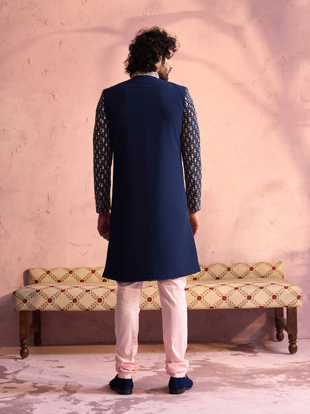 Men's Navy Blue And Pink Georgette Sherwani With Kurta Pyjama Set
