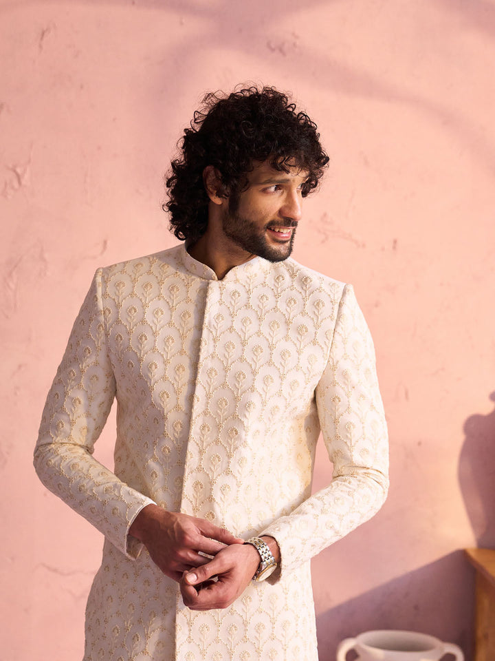 Men's Cream Georgette Embellished Indo Western Set