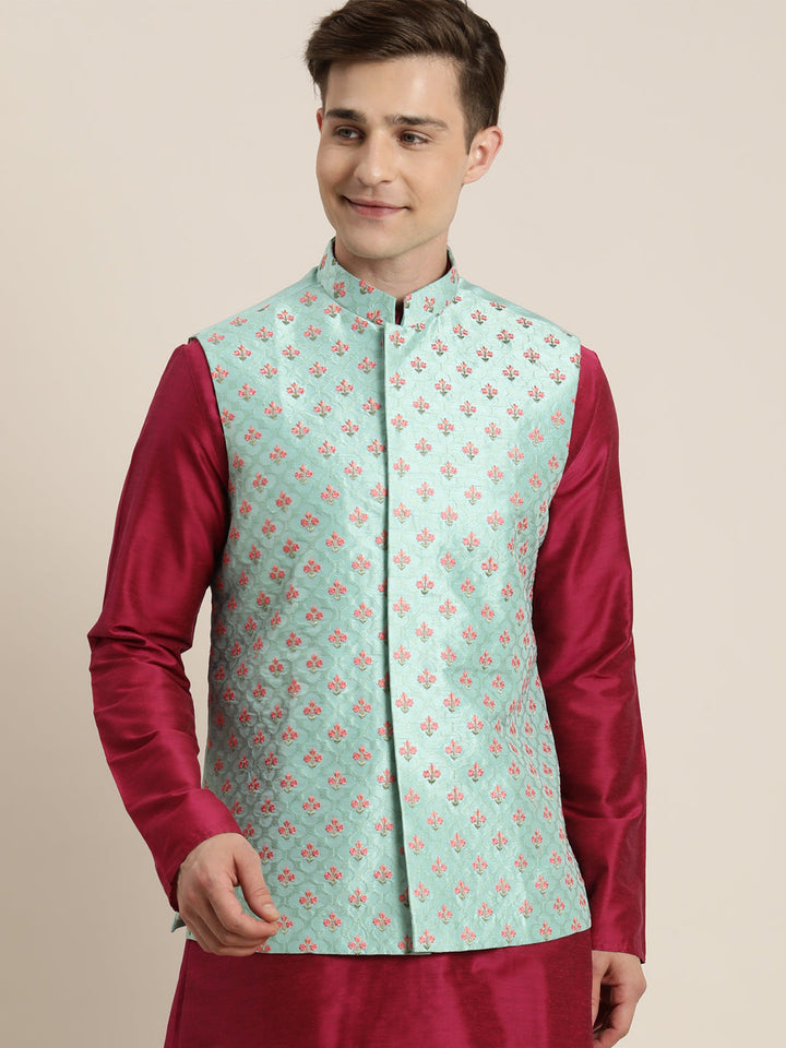 Men's Green Embroidered Ethnic Jacket