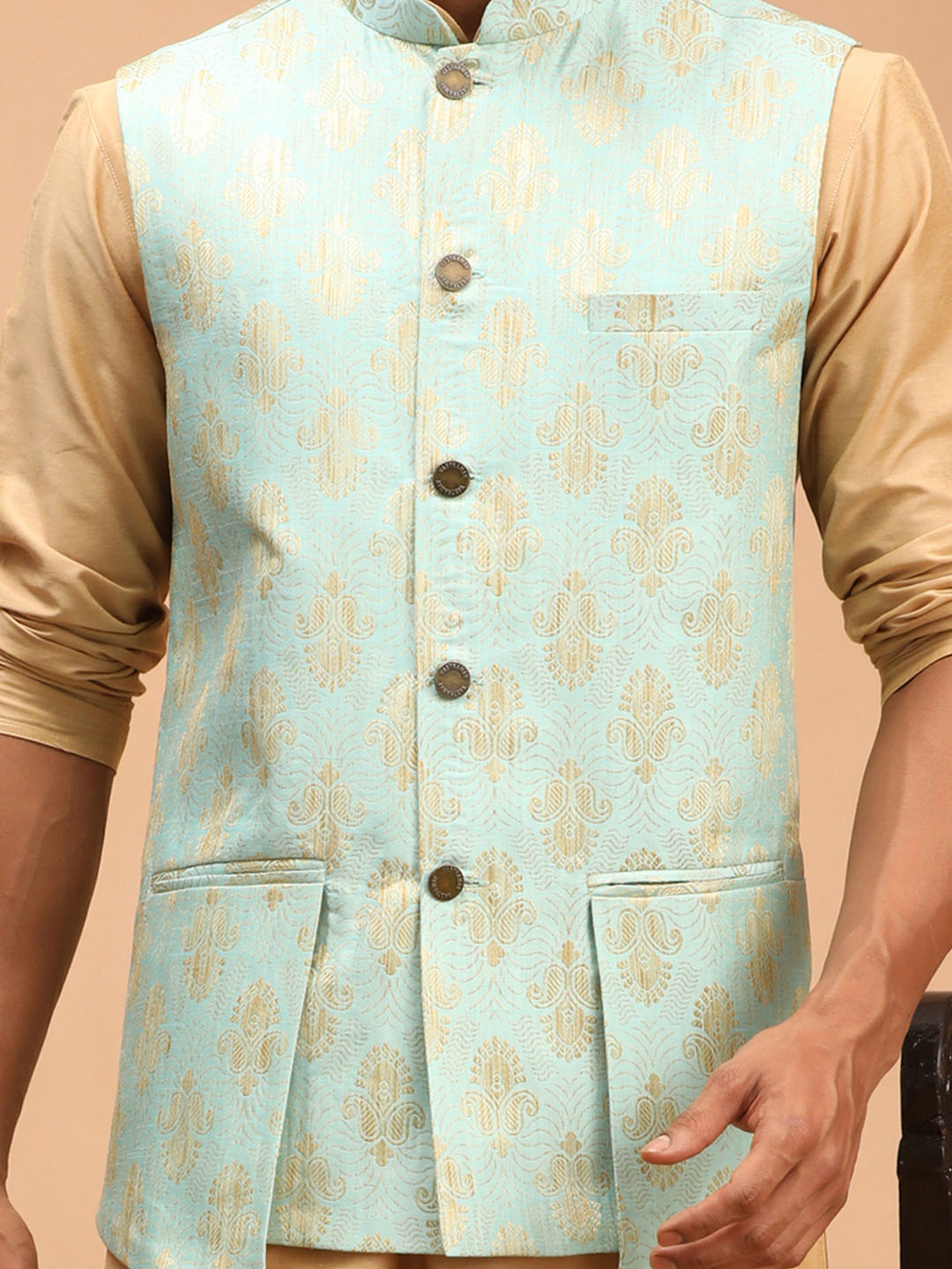 Men's Green Woven Flap Pocket Ethnic Jacket