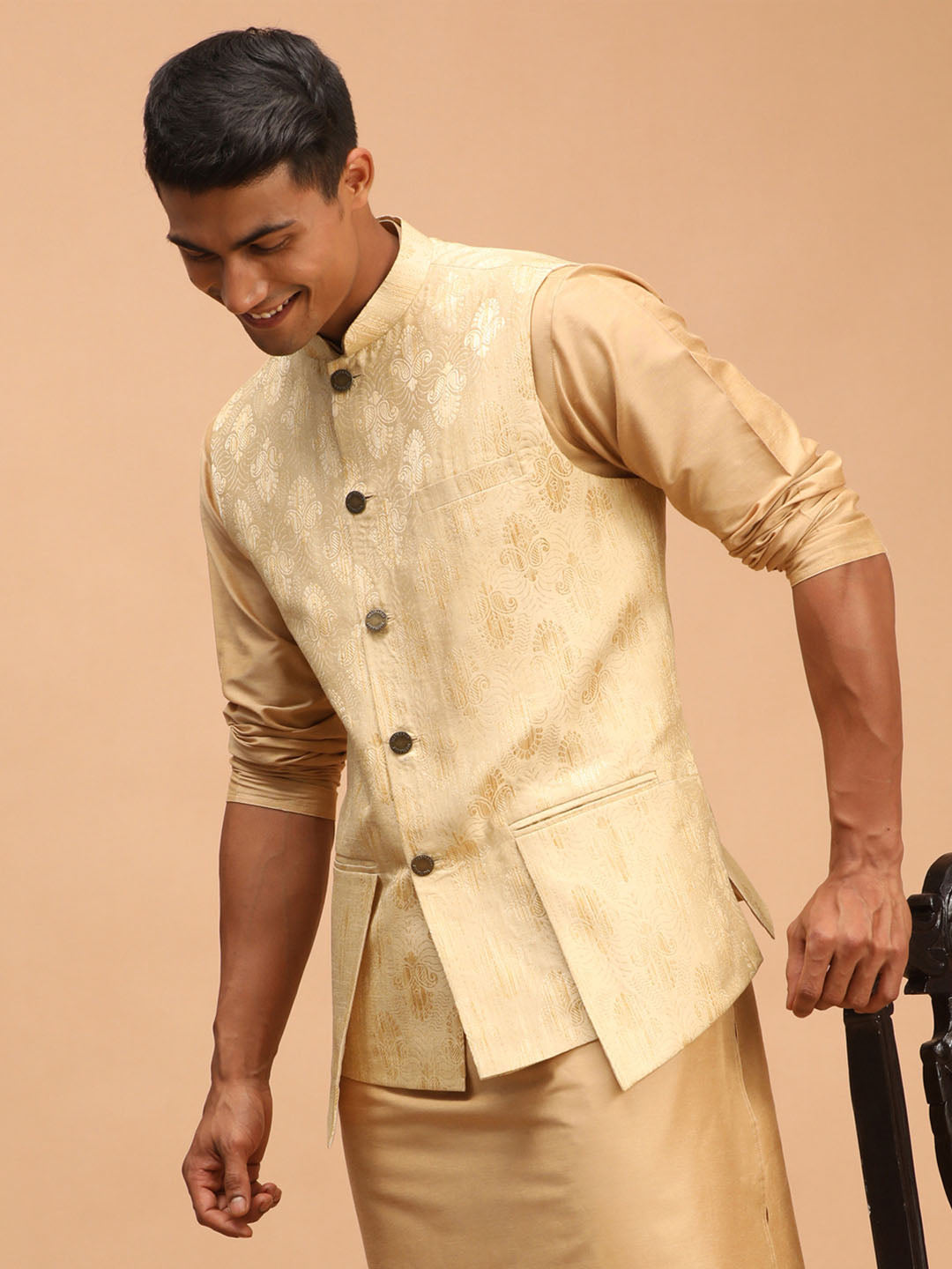 Men's Gold Woven Flap Ethnic Jacket