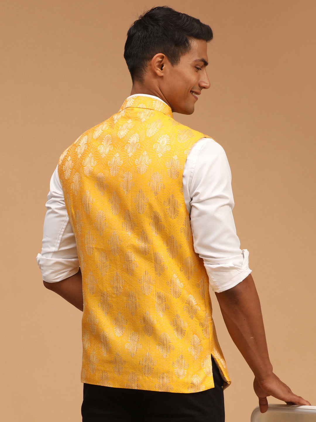 Men's Yellow Woven Flap Ethnic Jacket