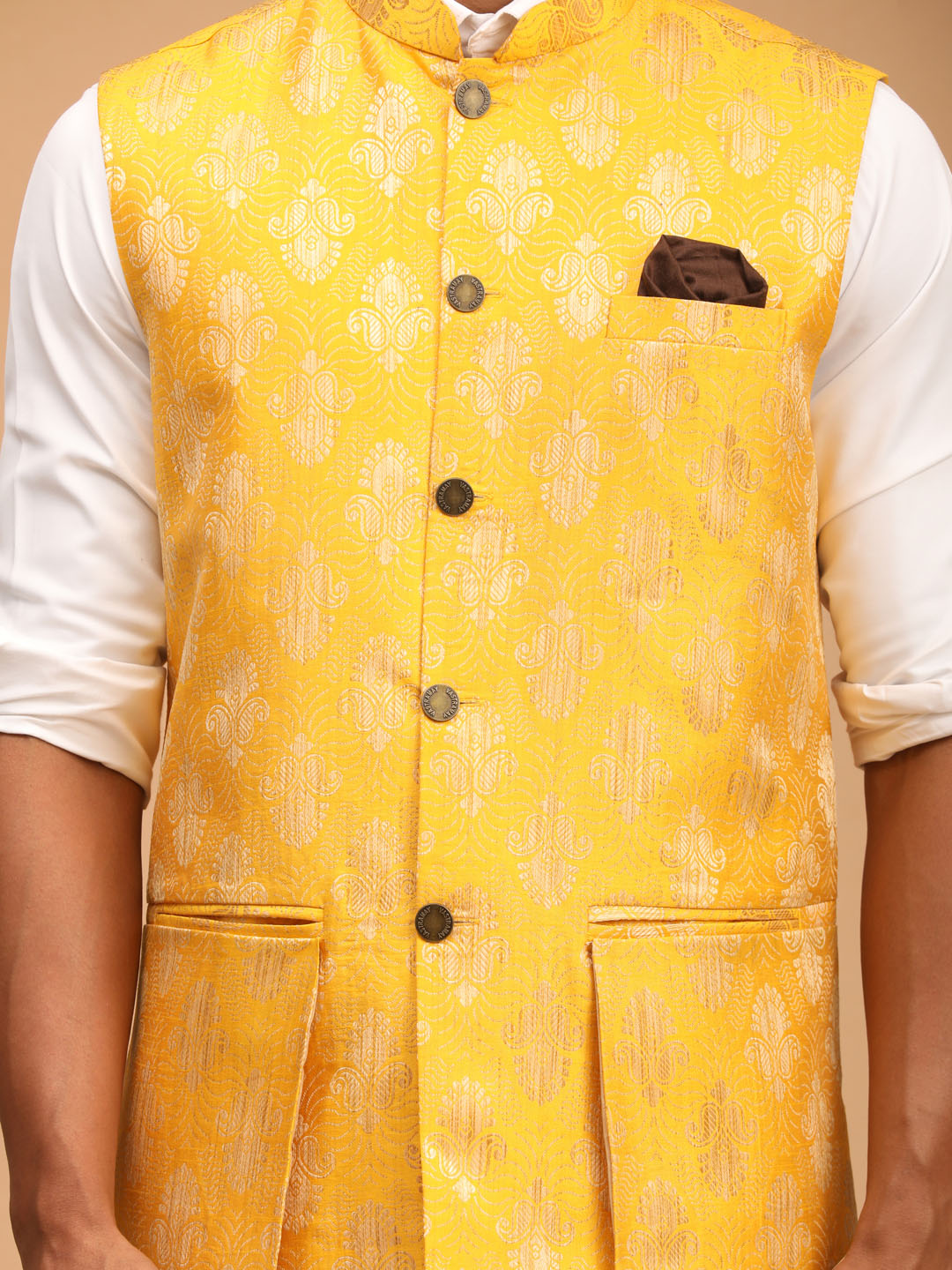 Men's Yellow Woven Flap Ethnic Jacket