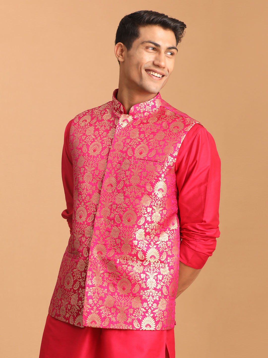 Men's Valentino Pink Flower Motif Jacquard Nehru Jacket