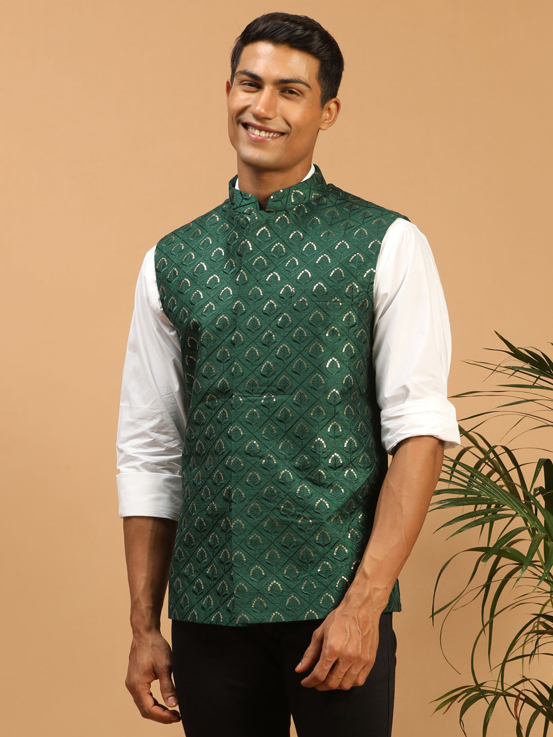 Men's Green Embellishd Ethnic Nehru Jacket