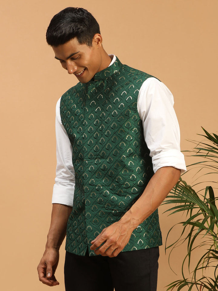 Men's Green Embellishd Ethnic Nehru Jacket