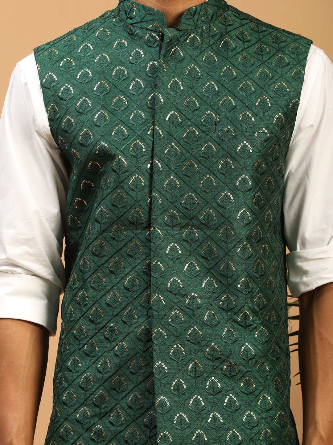 Men's Green Embellishd Ethnic Nehru Jacket
