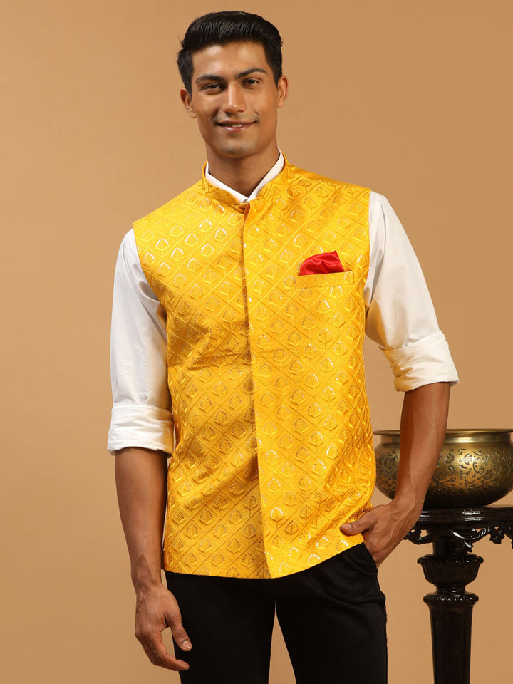 Men's Yellow Embellished Ethnic Nehru Jacket