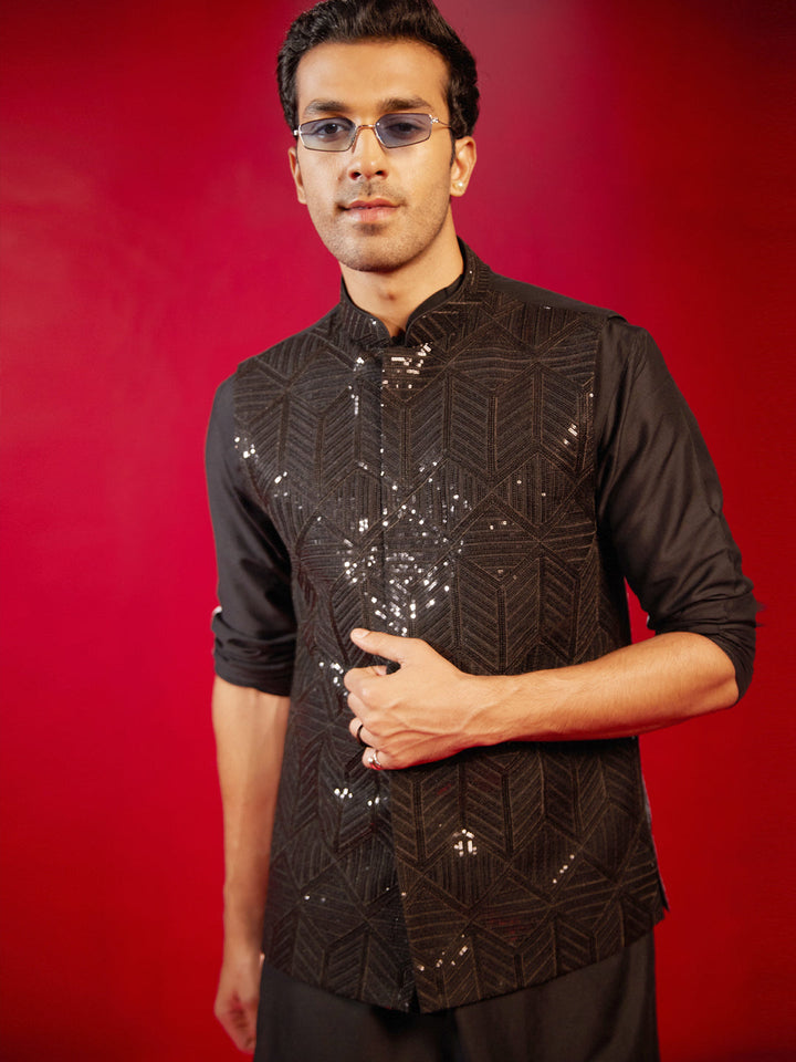 Men's Black Sequince Nehru Jacket