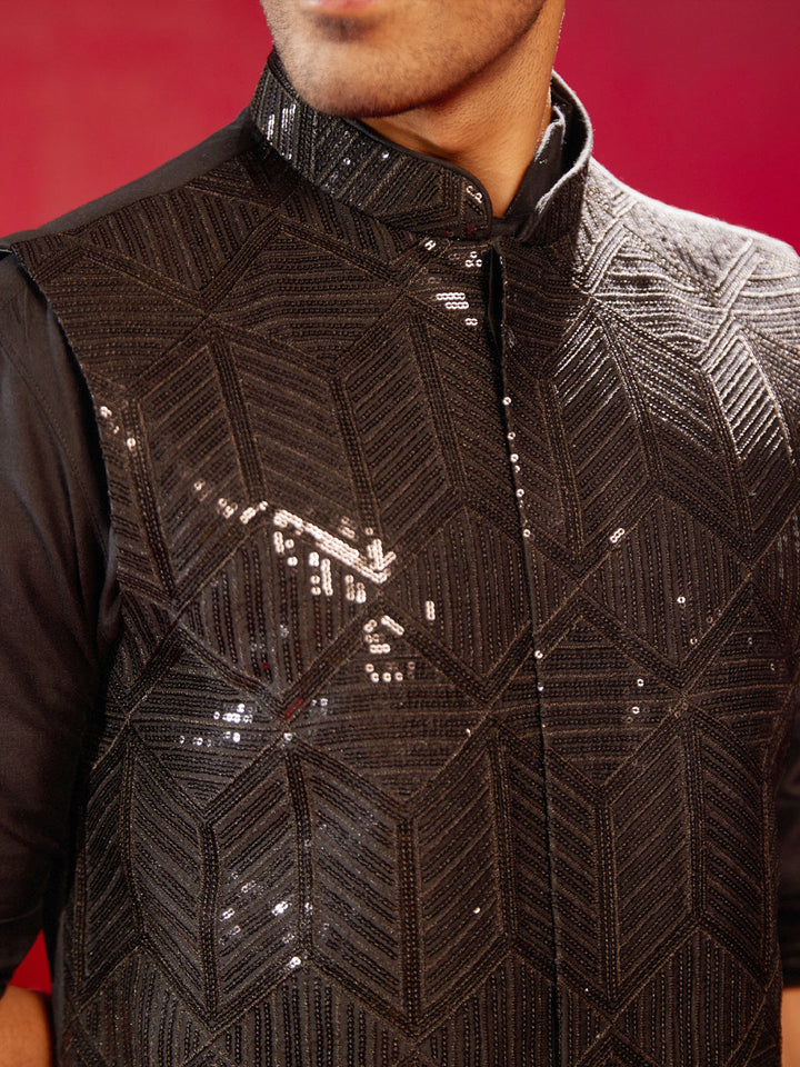 Men's Black Sequince Nehru Jacket