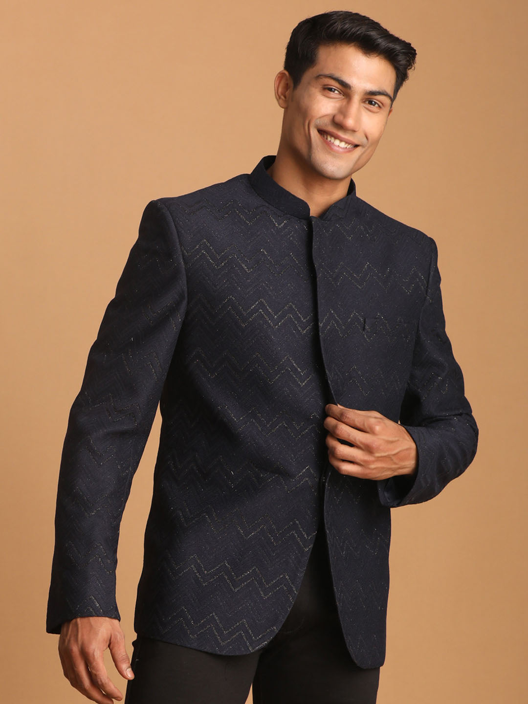 Men's Navy Blue Silk Blend Glitter Zig Zag Jodhpuri